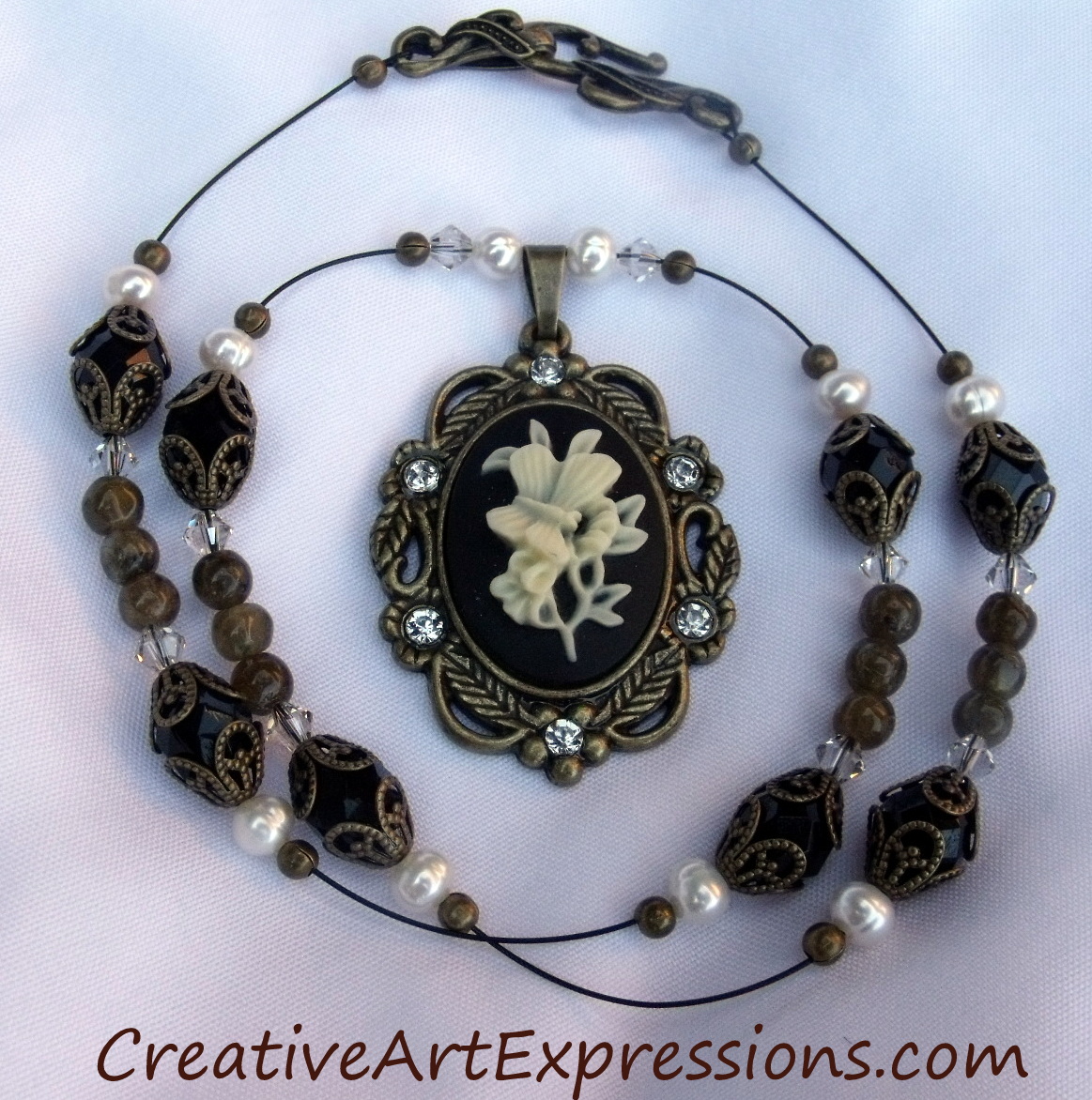 Creative Art Expressions Handmade Black White & Antique Gold Necklace Jewelry Design